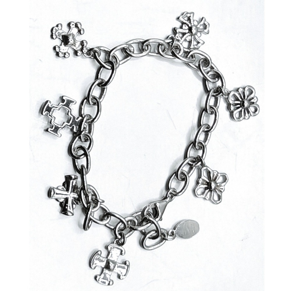 ATI Mexico 925 Sterling Silver Cross & Flower Charm Bracelet 7.5 Inch 15.79g